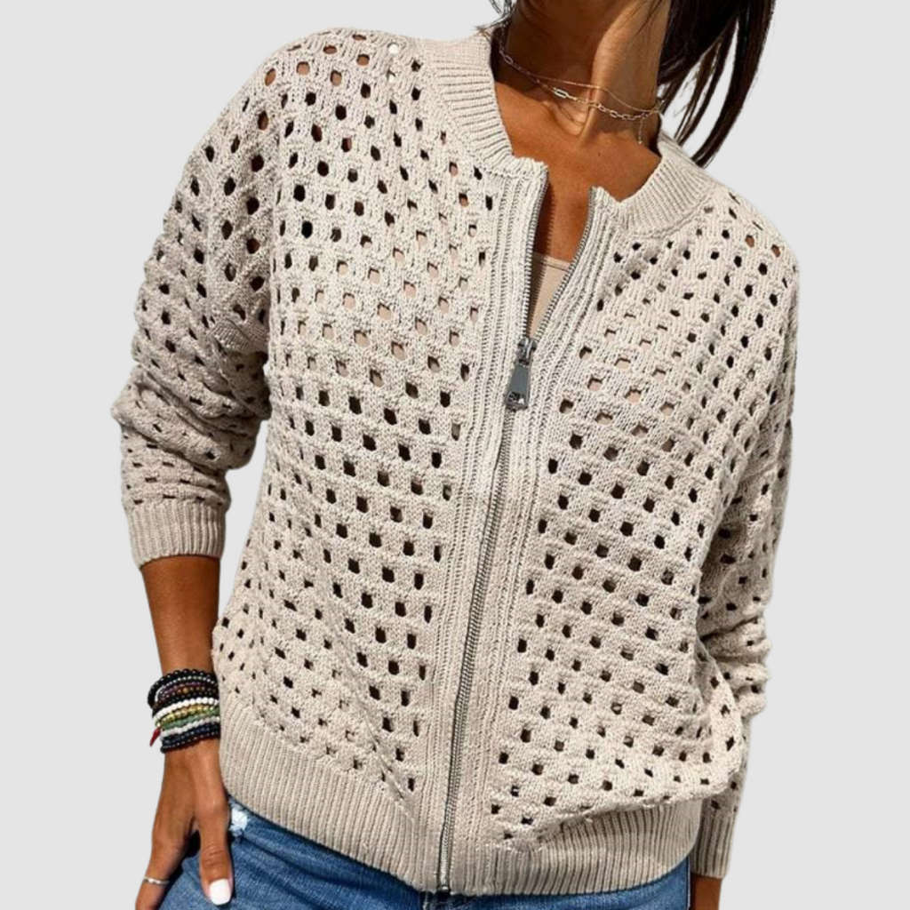 Beige Classic Knit Cardigan, front view
