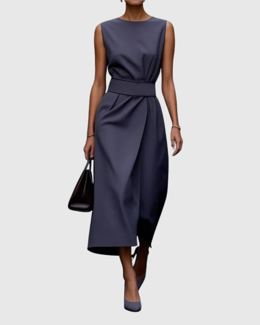 Dark Brown Round Neck Sleeveless Draped Midi Dress
