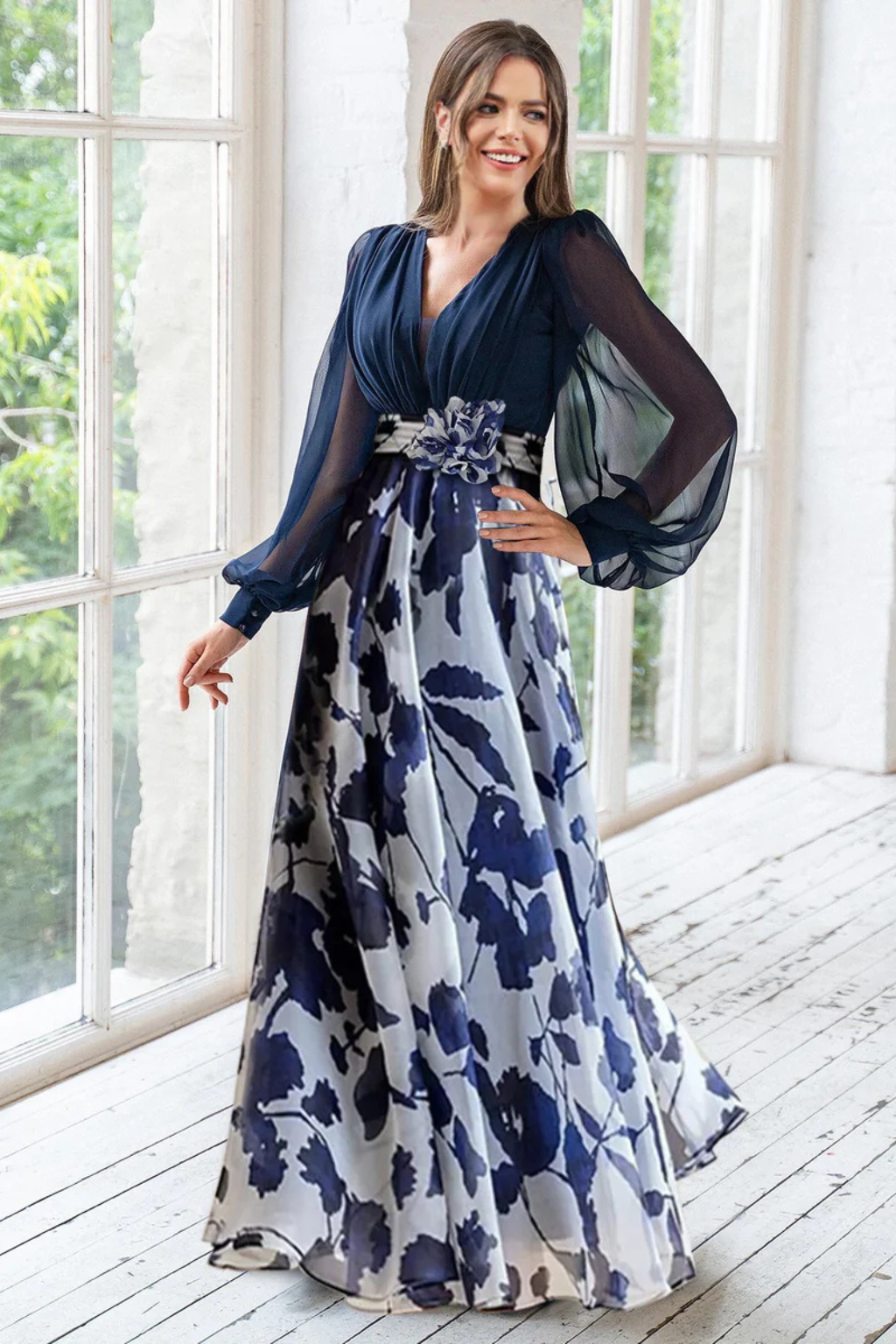 Floral Balloon Sleeve Wedding Guest Maxi Dress