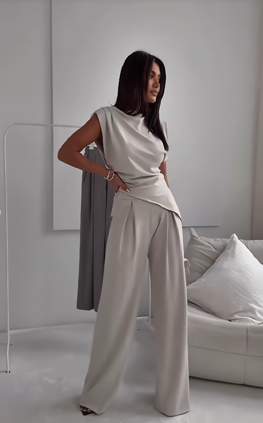 Elegant Draped Two-Piece Set with Wide-Leg Pants