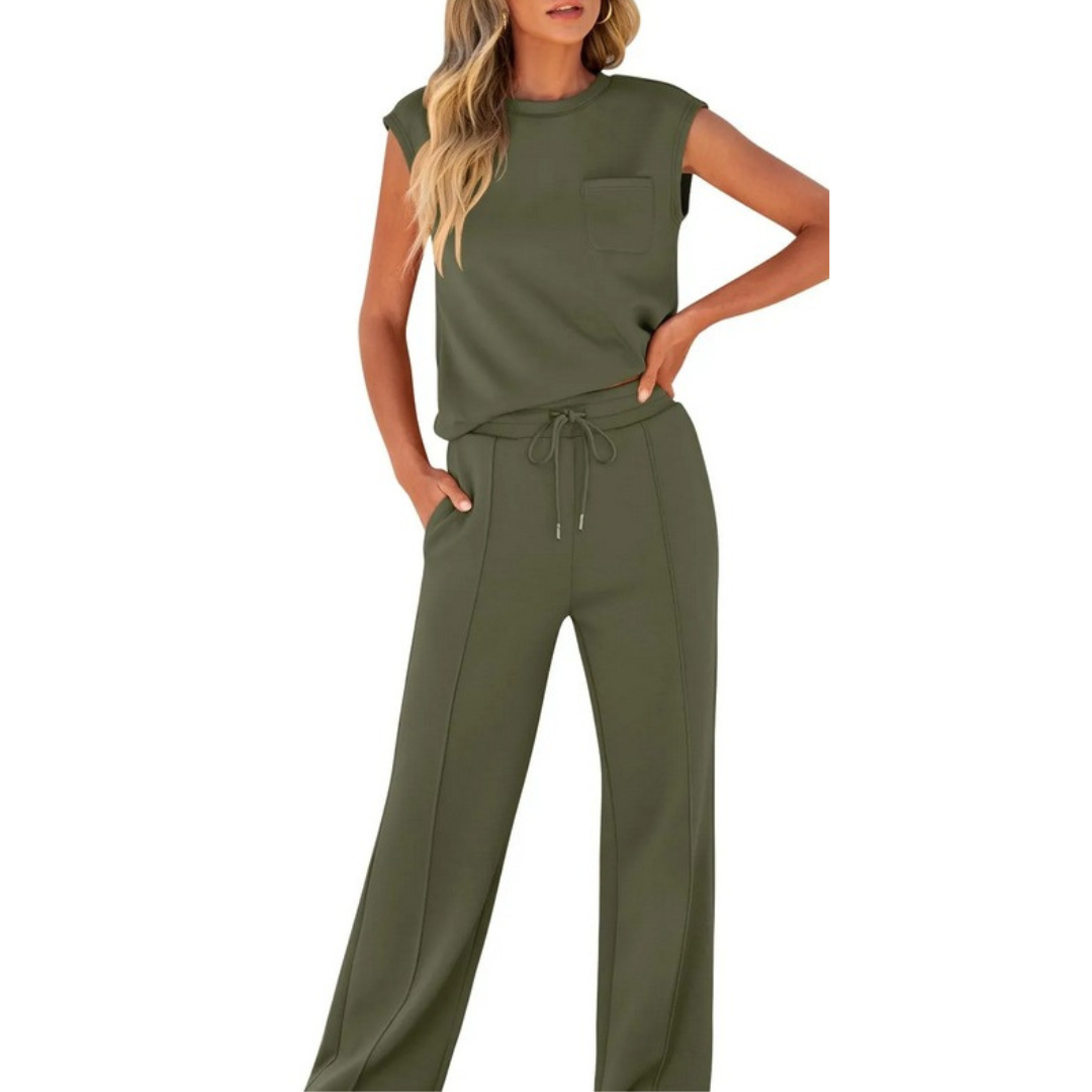 Army Green sleeveless round-neck top and trousers co-ord set