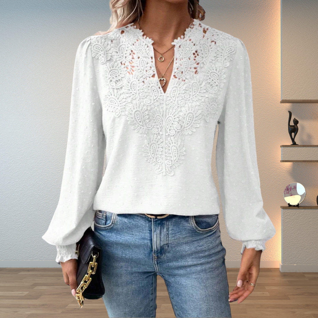Black V neck long sleeve floral detail blouse, front view