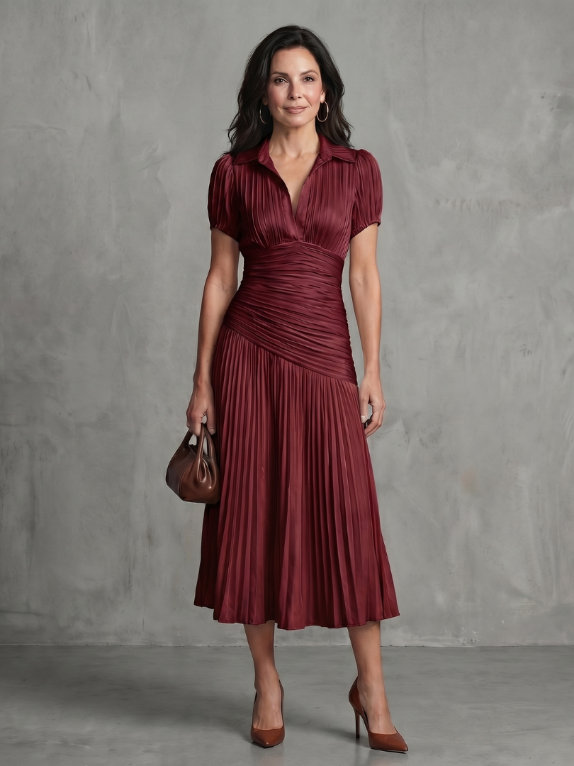 Theodora - Pleated Waistline Stripe Midi Dress