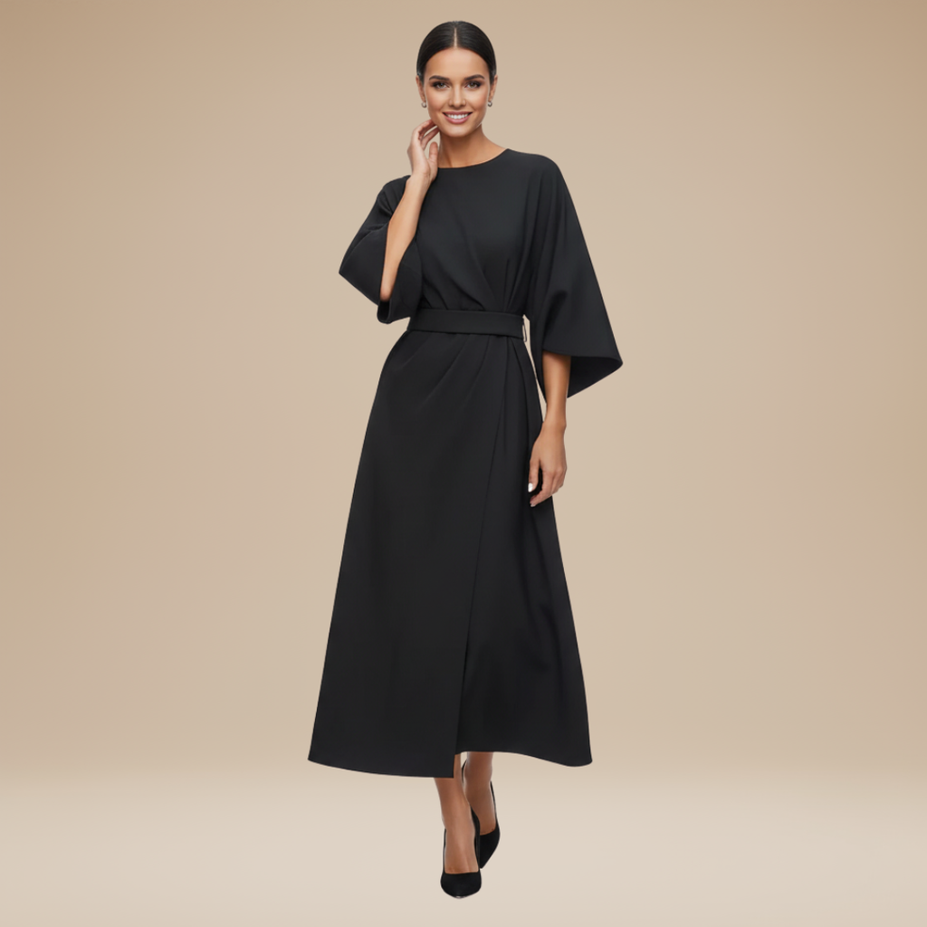 Belted Midi Dress with Wide Sleeves and Draped Waist