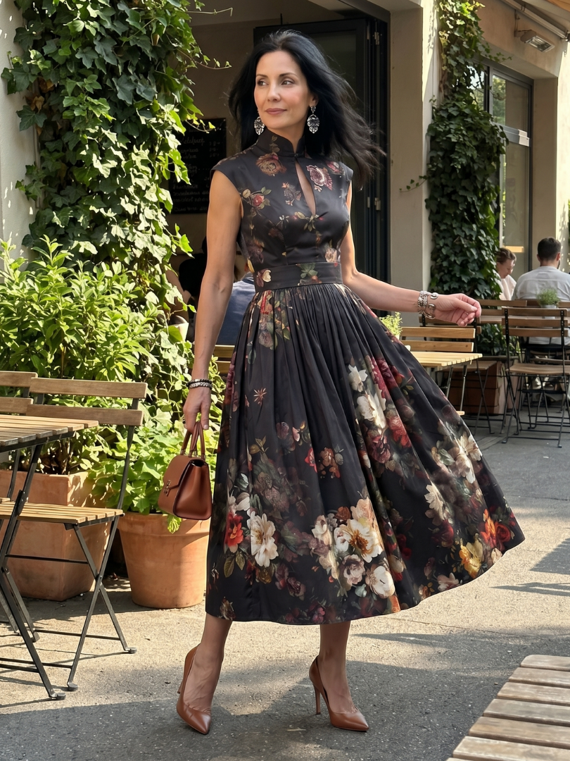 Greta - High Neck Keyhole Floral Pleated Midi Dress