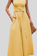Casual Pleated Square-Neck Midi Dress