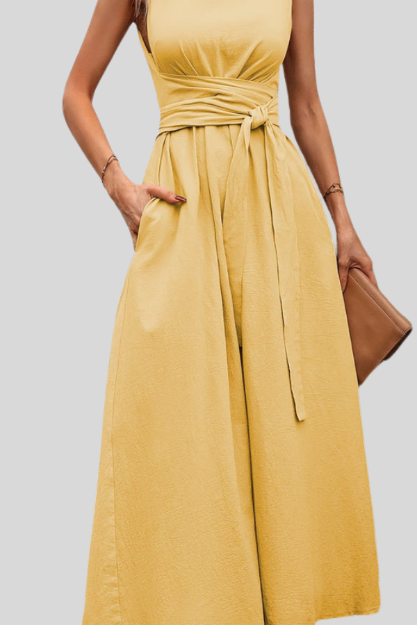 Casual Pleated Square-Neck Midi Dress