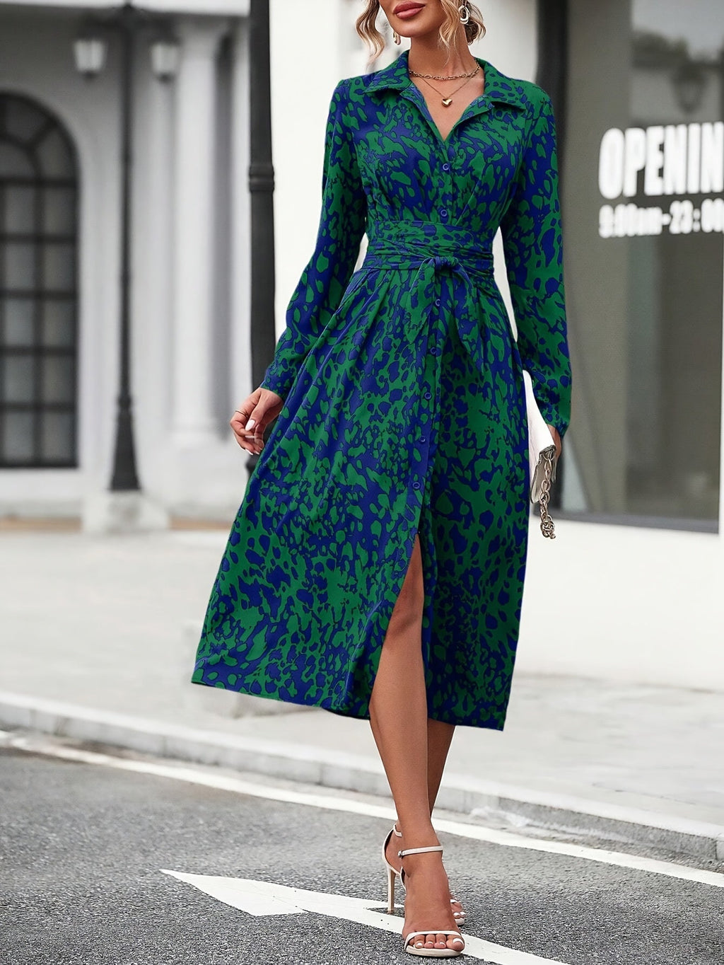 Geometric Print Belted Shirt Dress Summer