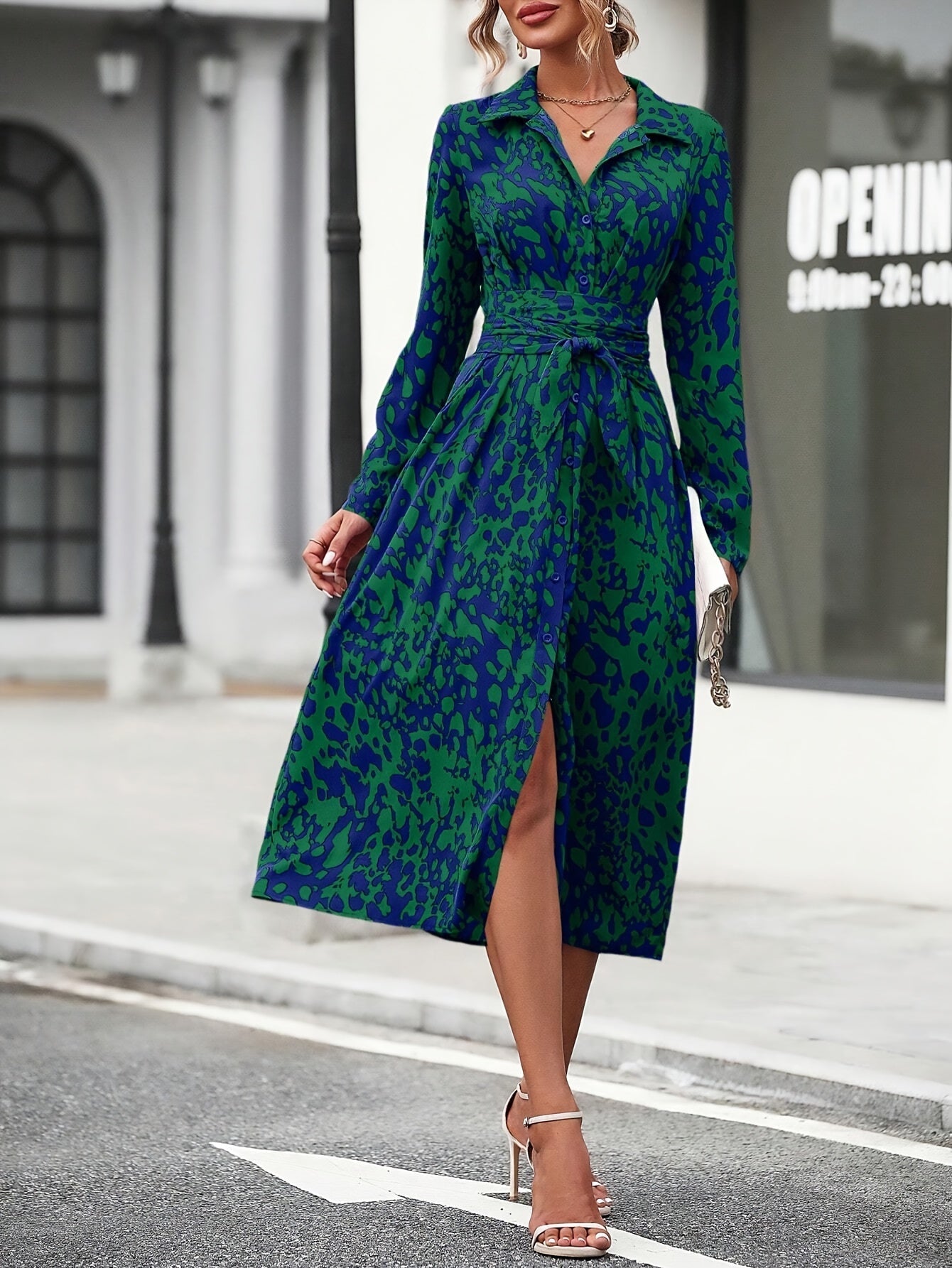 Geometric Print Belted Shirt Dress Summer