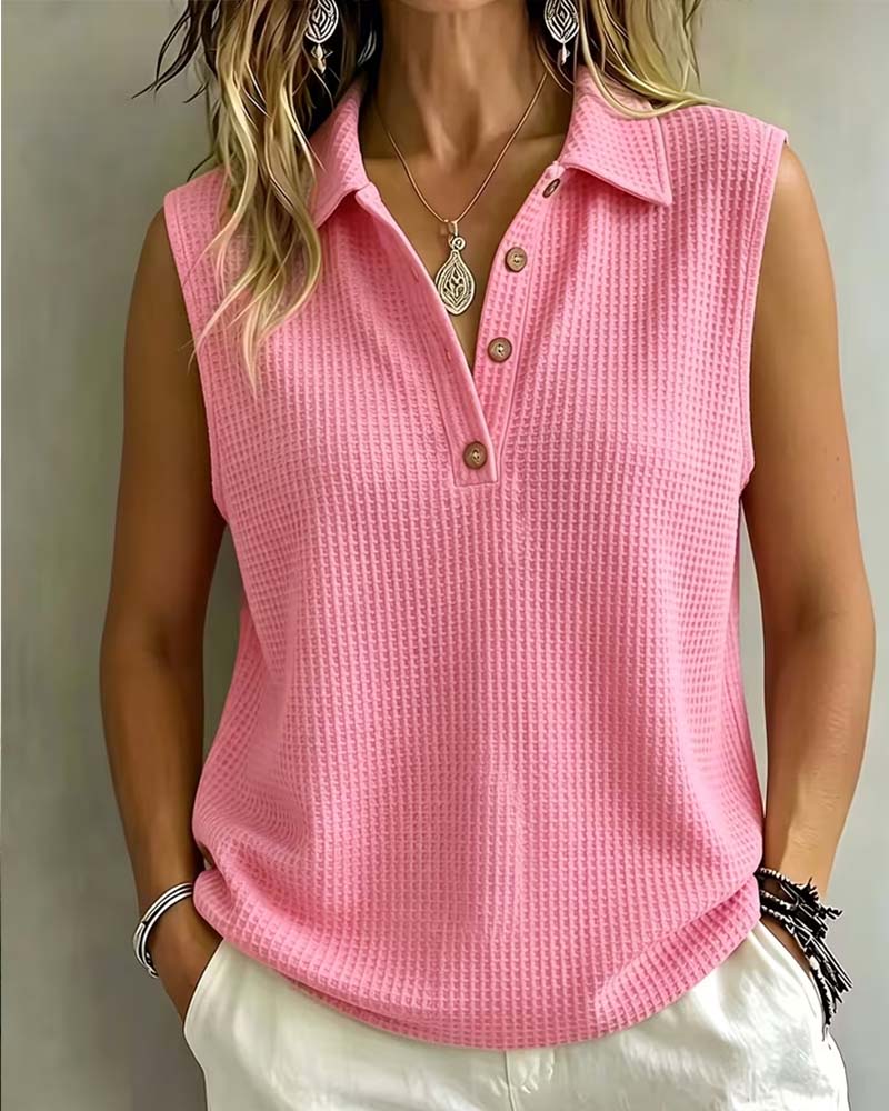 Sleeveless waffle tank top with polo collar, side view