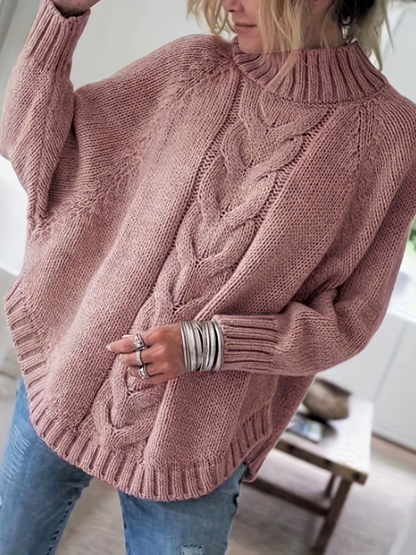 Dark Gray cable-knit high-neck sweater