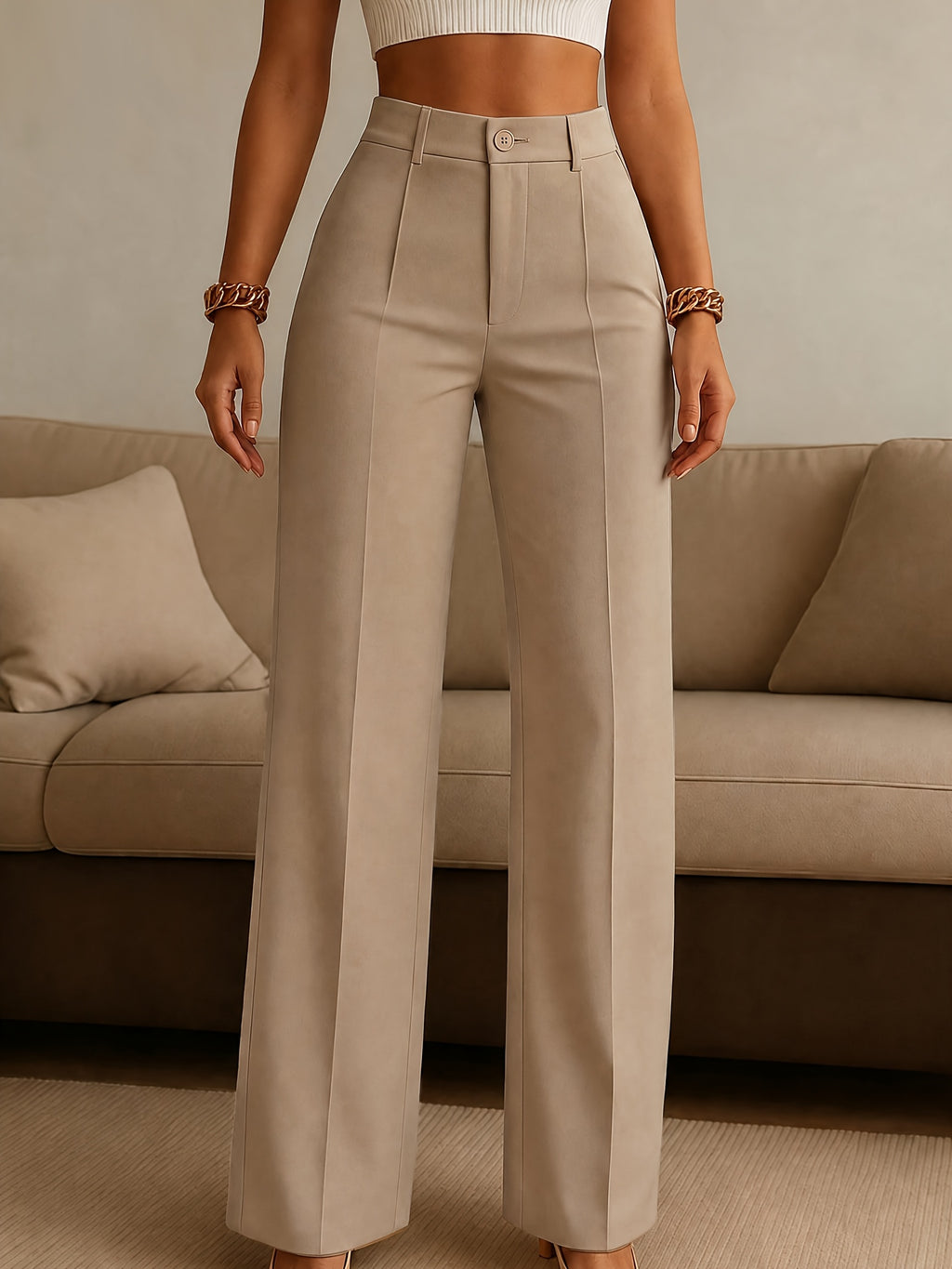Khaki High-Waist Straight Pants