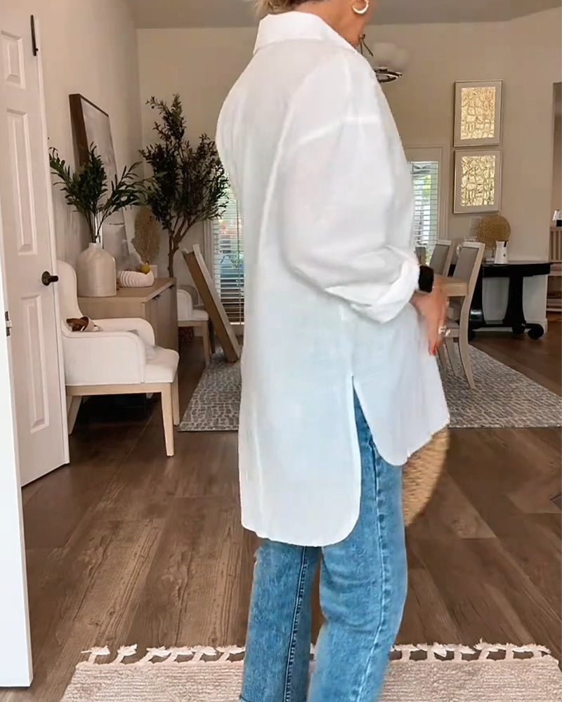 White loose cotton blouse, full-length view