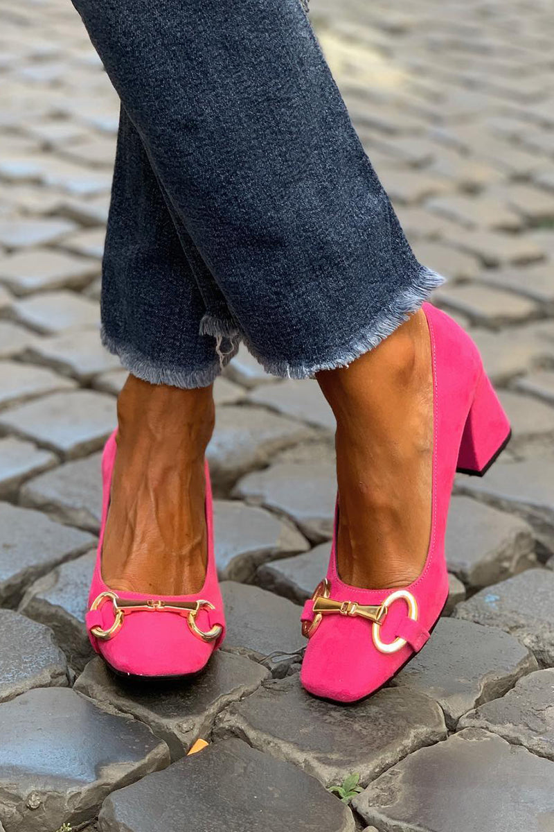 Bright Pink Square Toe Block Heel Sandals