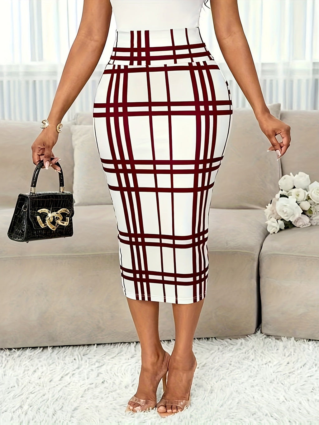 White Plaid Pencil Skirt