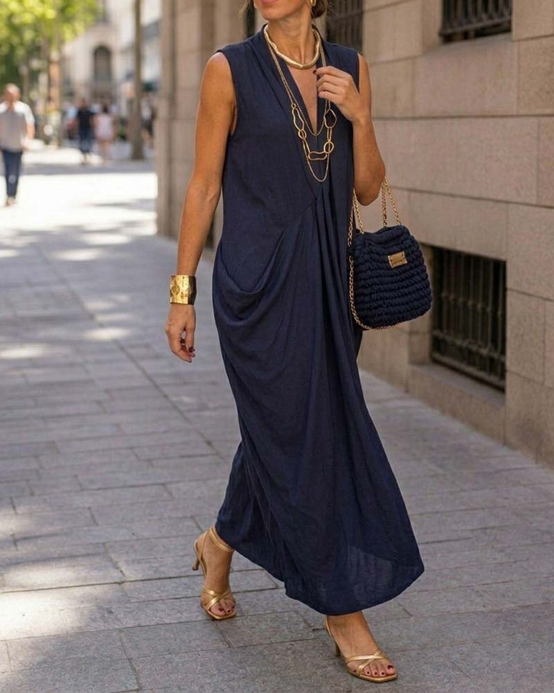 Navy blue sleeveless maxi dress for women, full length view