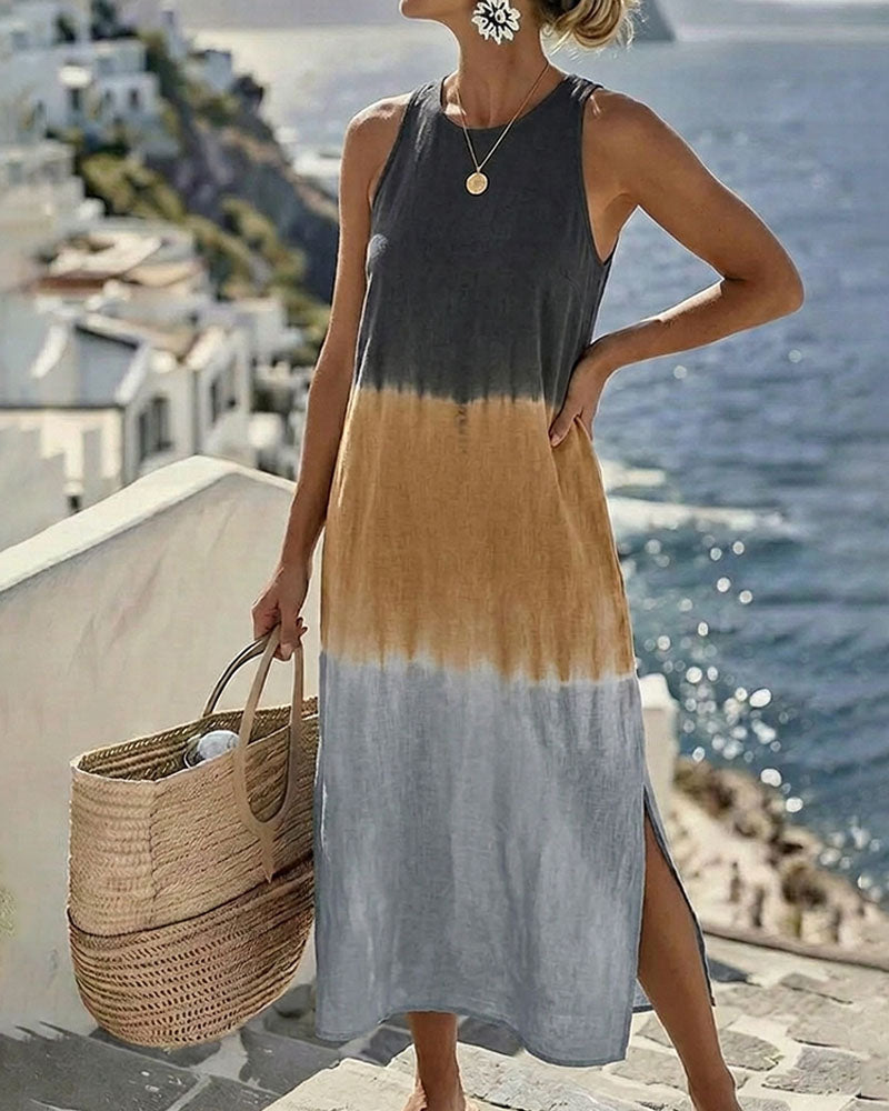 Sleeveless gradient dress in blue, front view