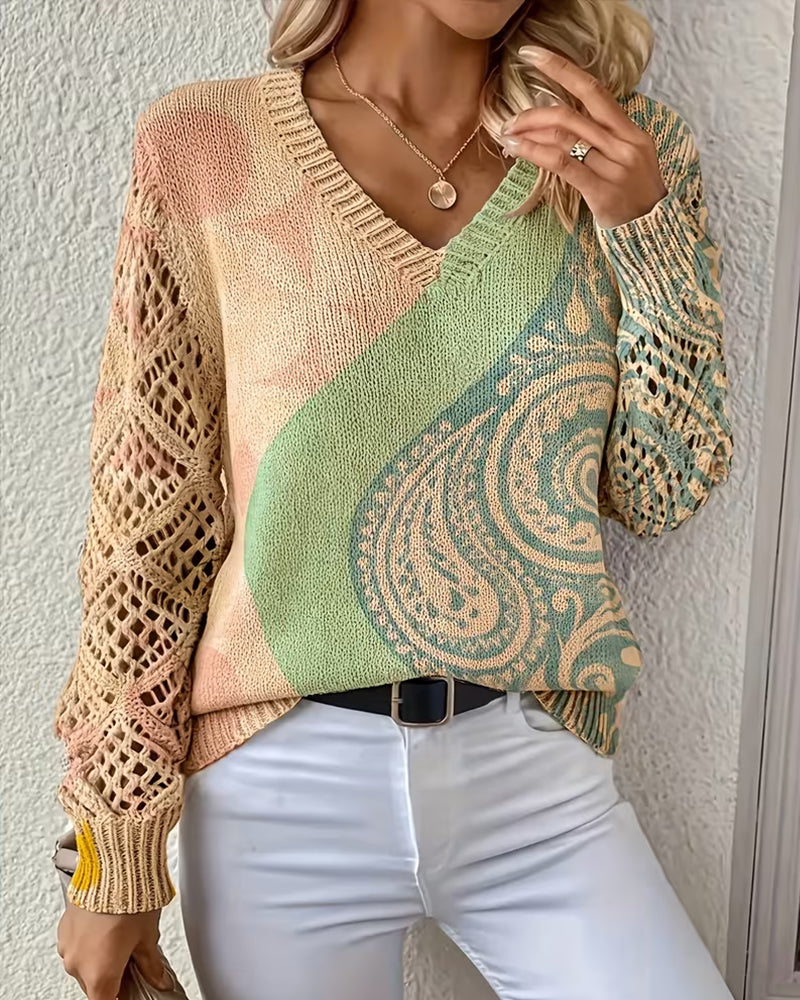 Green color block hollow-out V-neck knit sweater