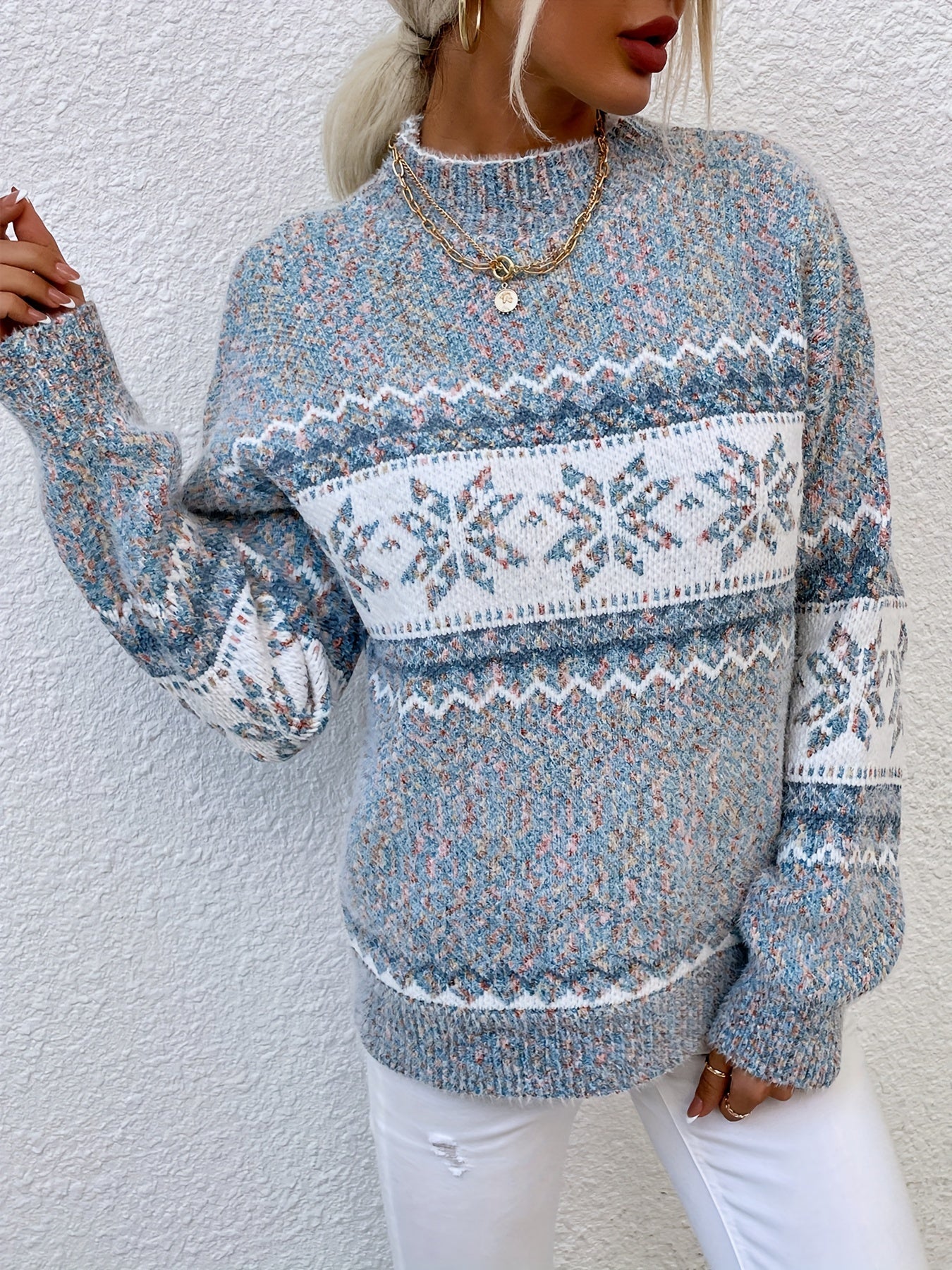 Gray cozy snowflake mock-neck sweater