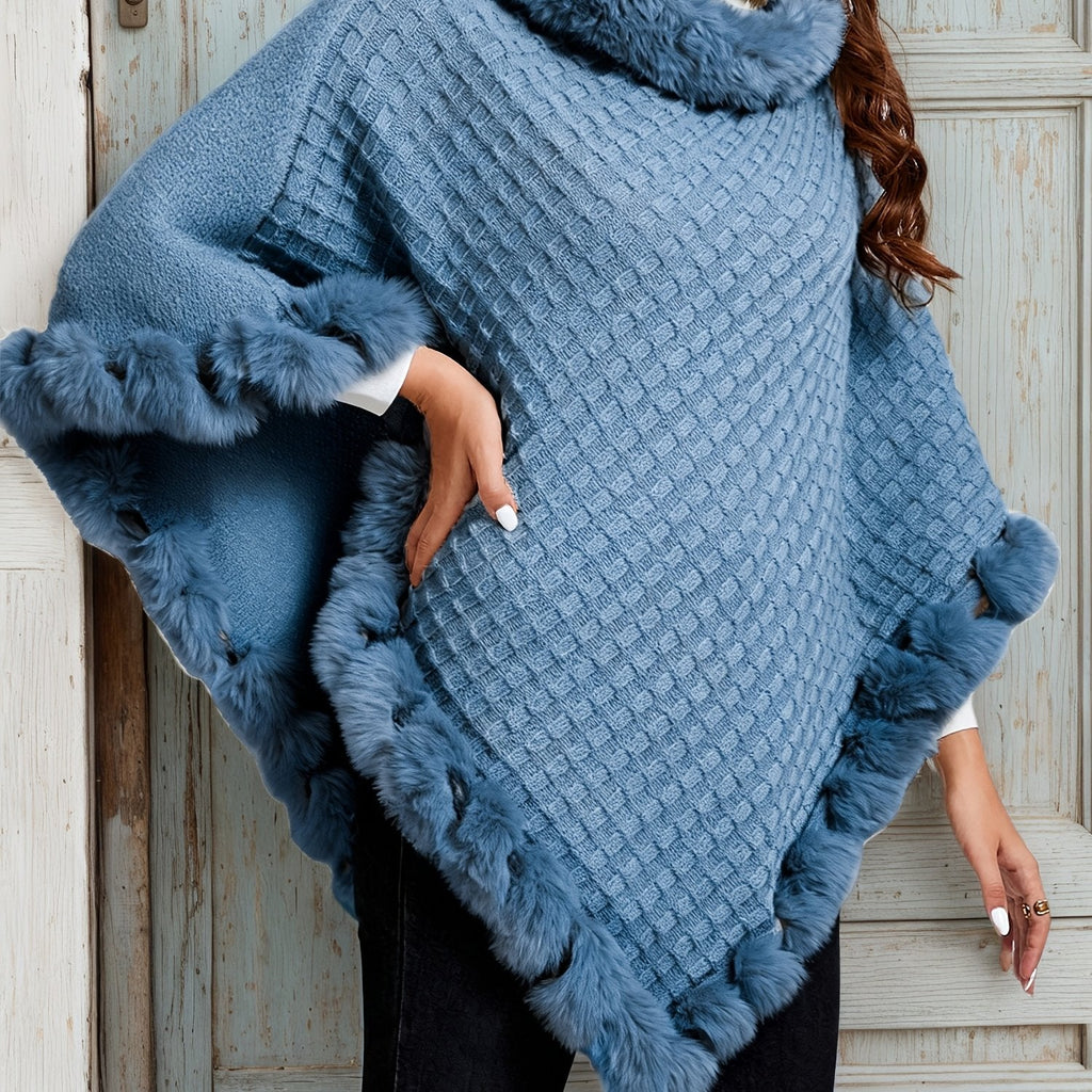Blue Cozy Fur-Trim Poncho