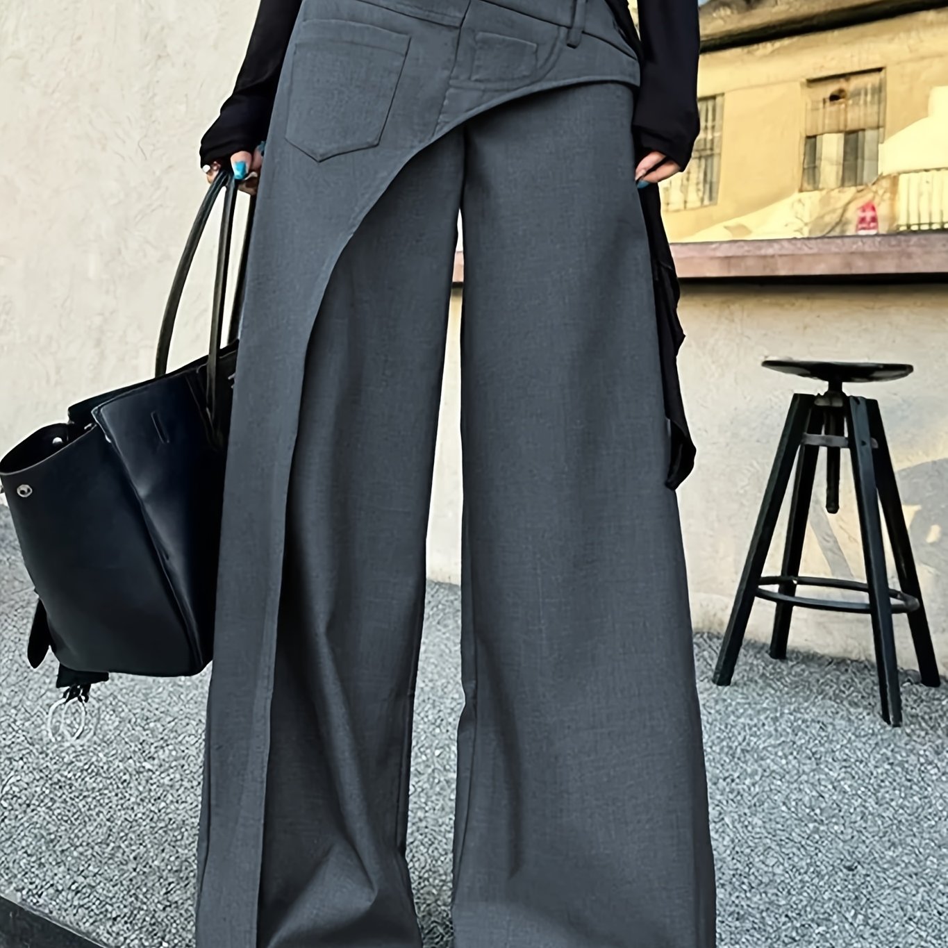 Dark Gray wide-leg high-waist Pants, front view