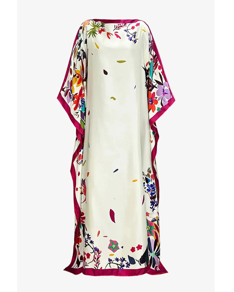Fuchsia floral print vacation maxi dress, full length view