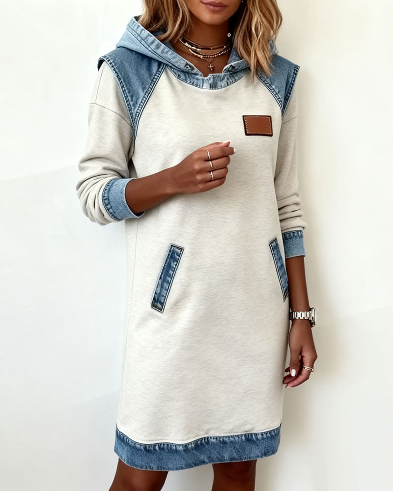 Navy Blue Hooded Panelled Colour Block Dress, front view