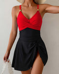 Red spaghetti strap color block V-neck one-piece swimsuit, front view