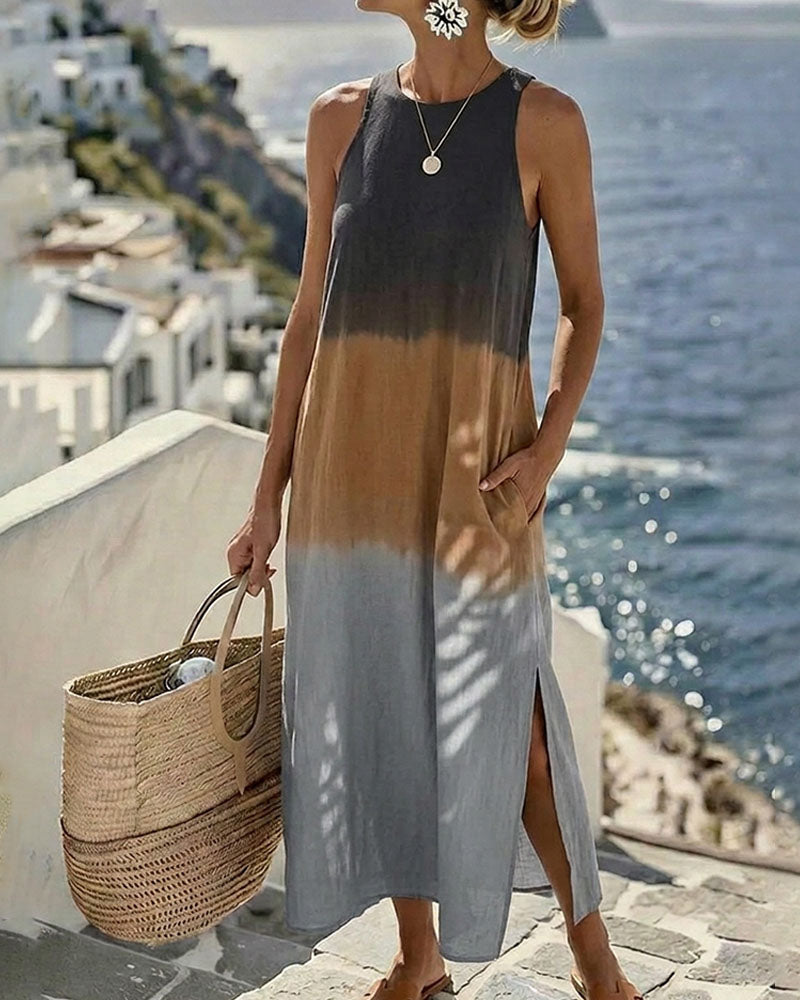 Sleeveless gradient midi dress in gray, round neck front view