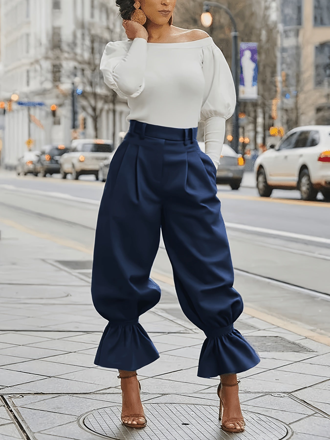 Navy ruffled-hem wide-leg Pants