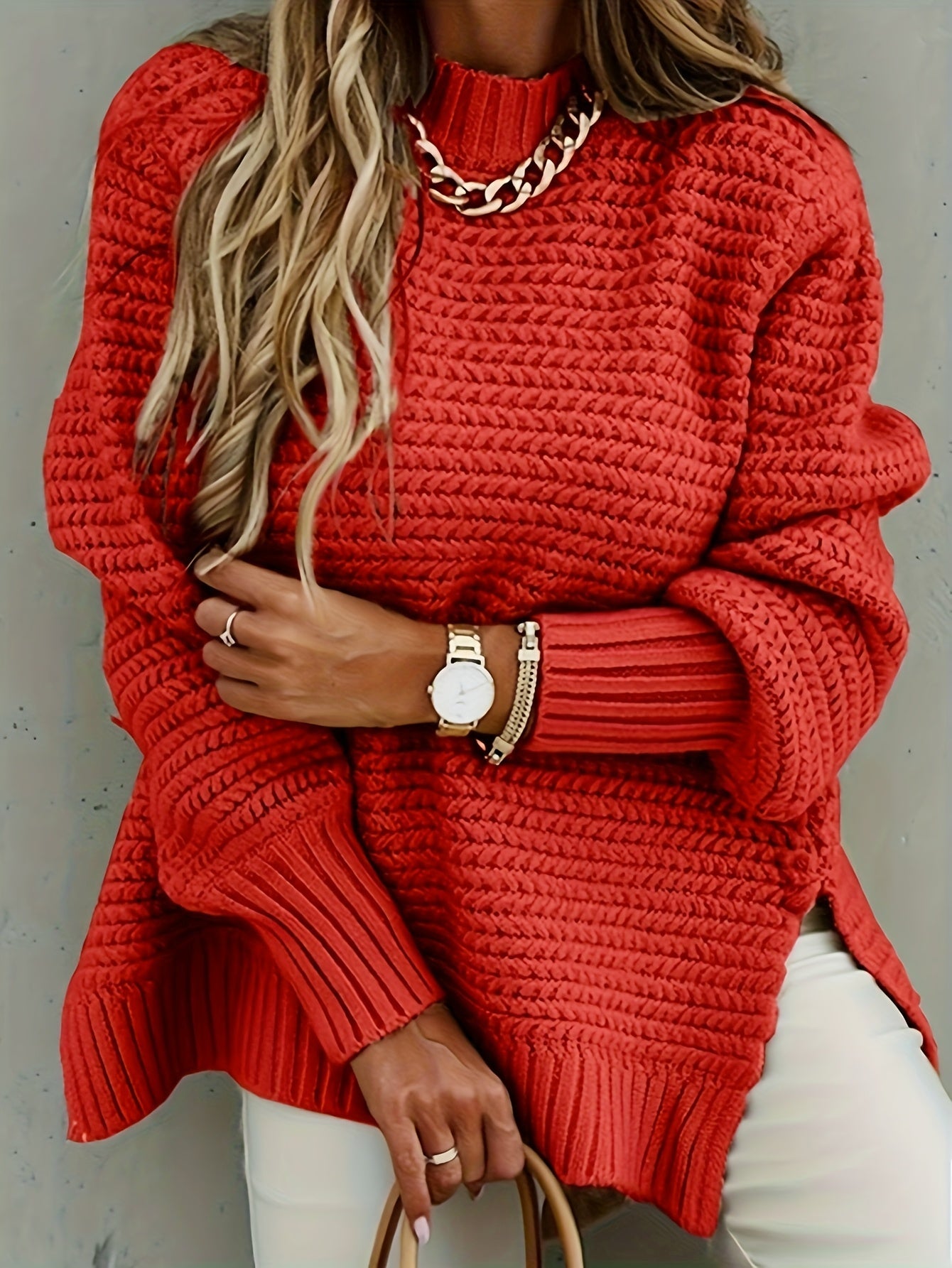 Red textured high-low sweater