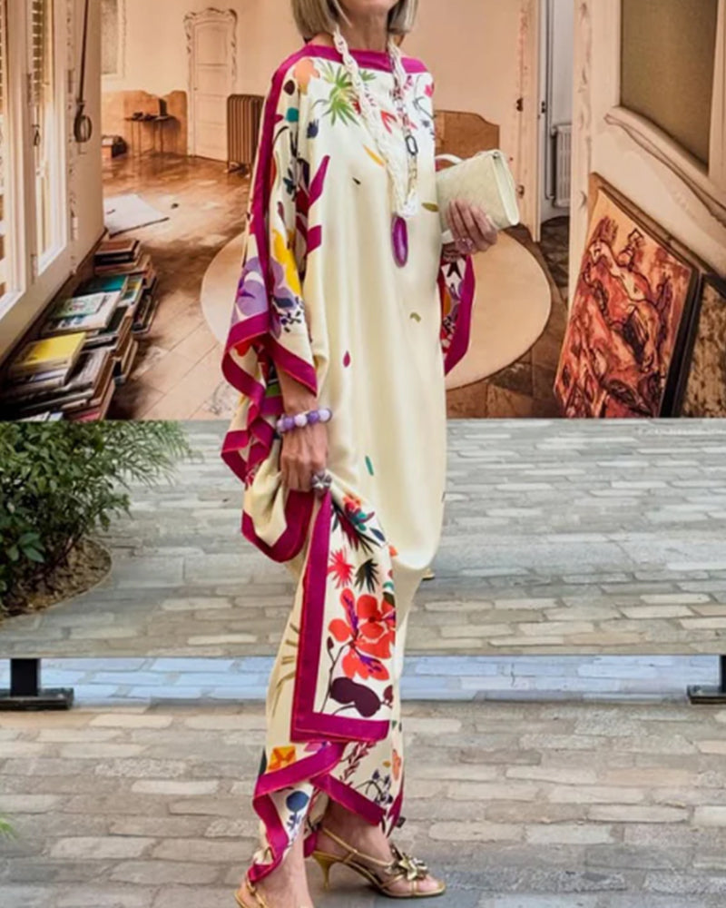 Fuchsia floral maxi dress, three-quarter view