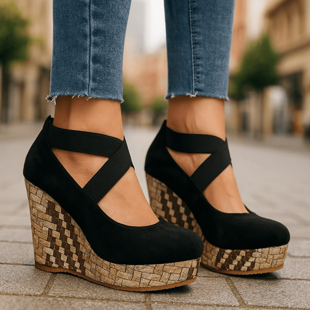 Brown crisscross platform wedge Heels