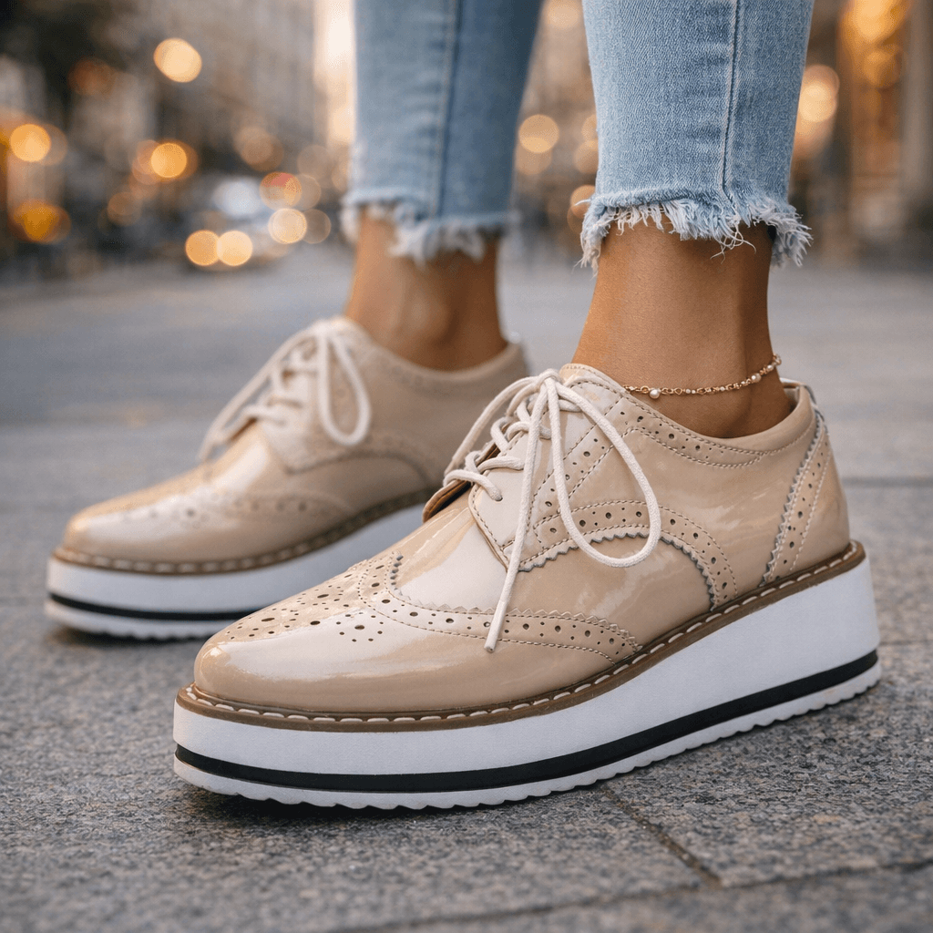 Beige leather brogue platform Heels