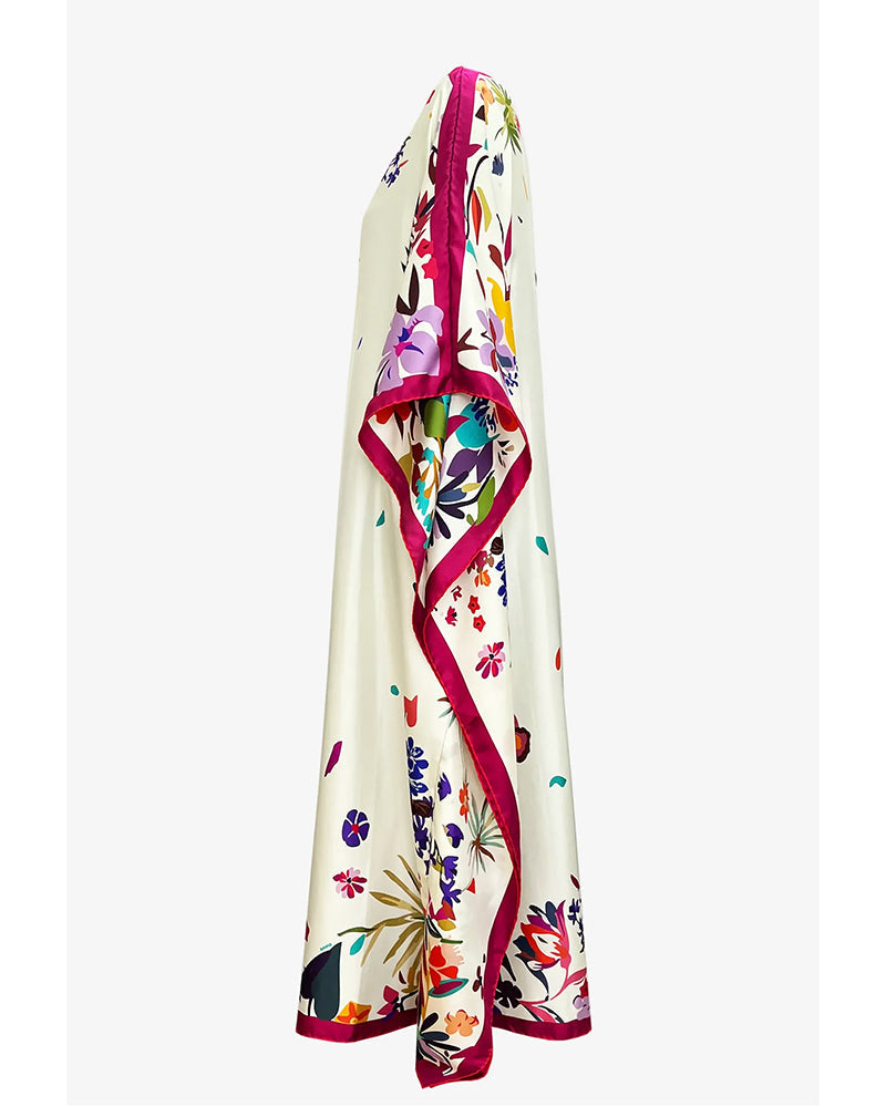 Fuchsia batwing maxi dress, side view