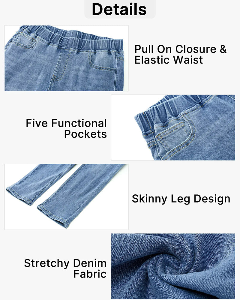 Blue denim elastic waist capri jeans, back view