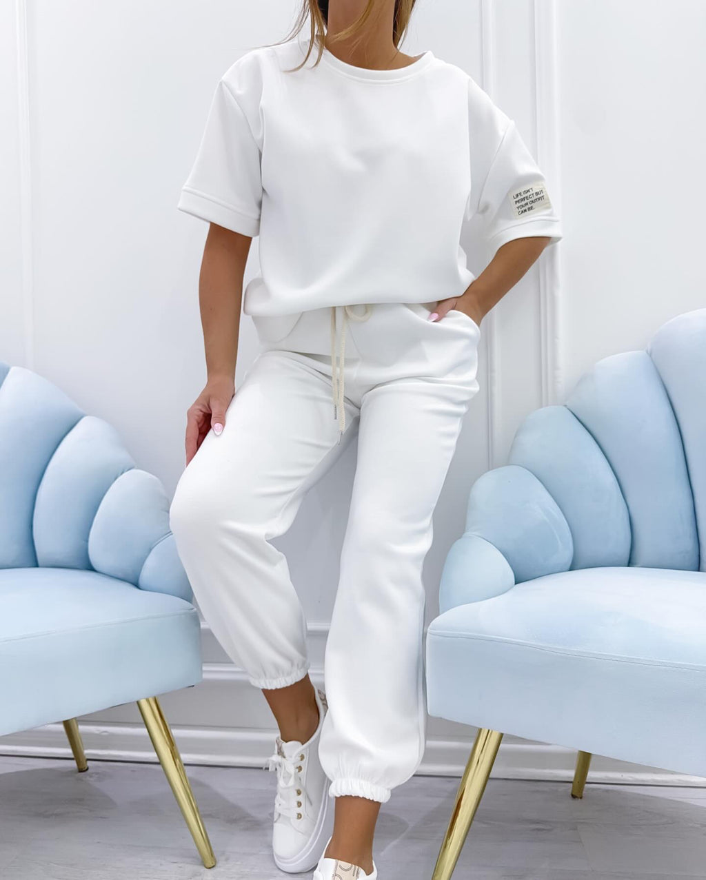 White Matching T-Shirt & Jogger Co-ord Set, front view
