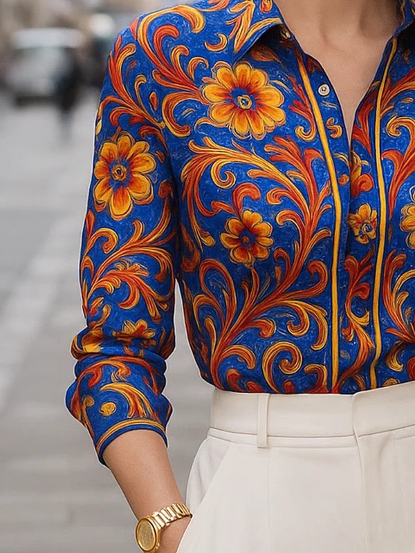 Blue Flower Print Lapel Blouse