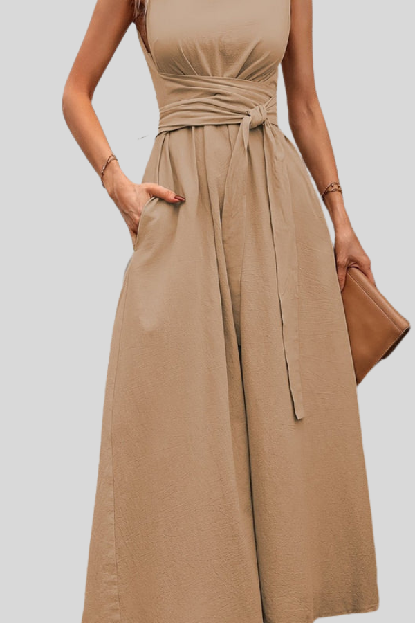 Casual Pleated Square-Neck Midi Dress