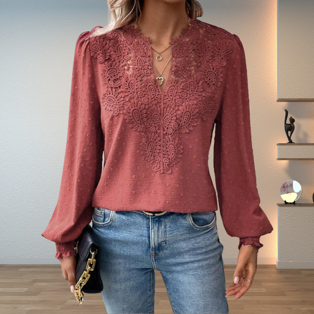 Red long sleeve floral detail blouse women, side view