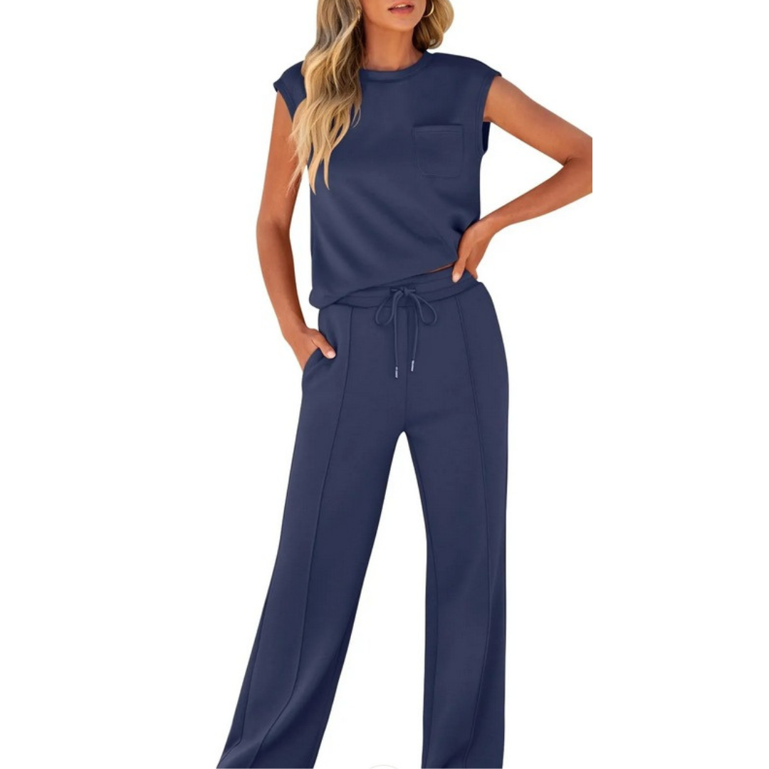 sleeveless round-neck top and trousers co-ord set