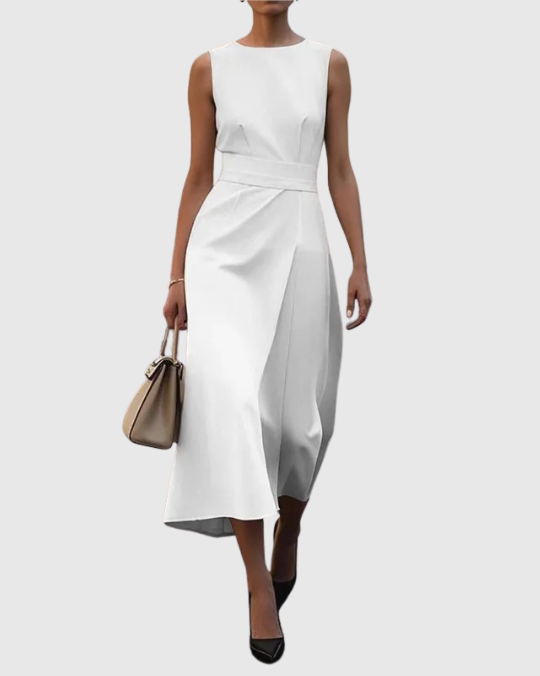 Dark Brown Round Neck Sleeveless Draped Midi Dress