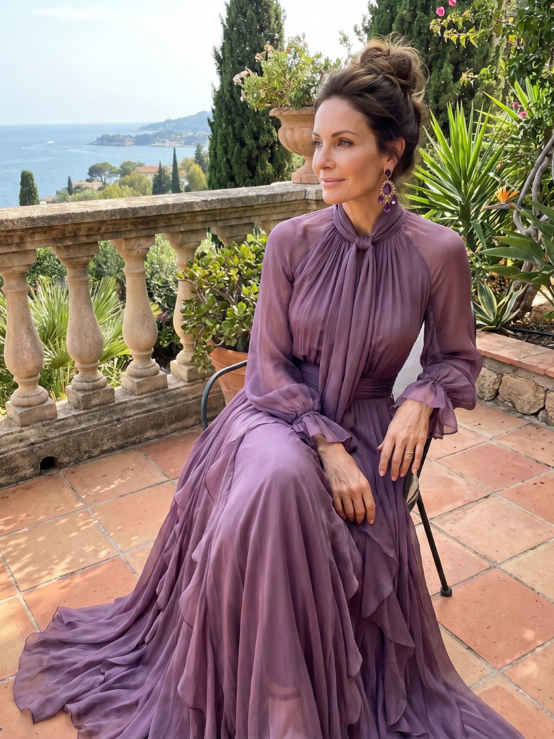 Demetria - Tie Neck Ruffle Tiered Maxi Dress