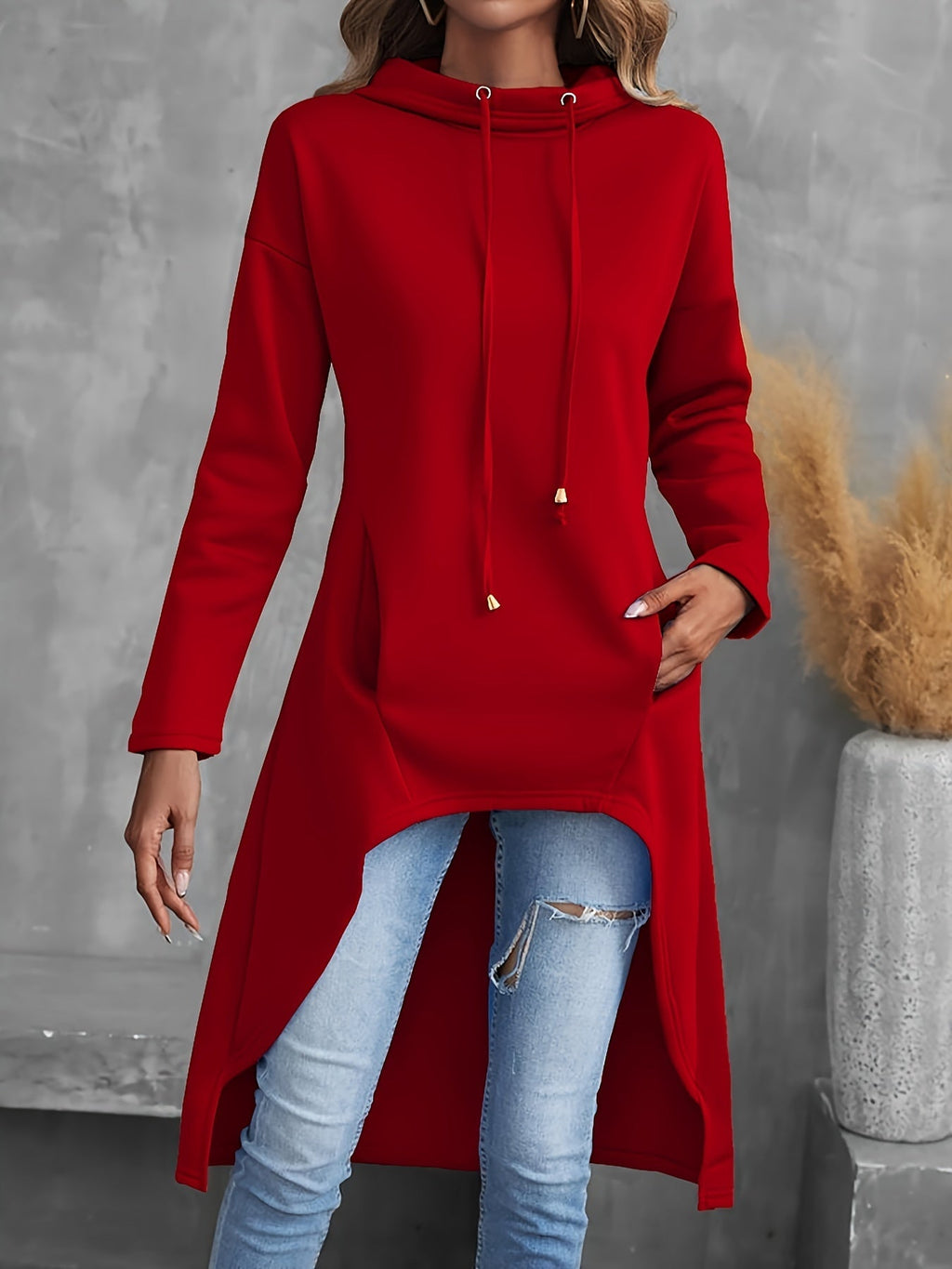 High-low drawstring hoodie