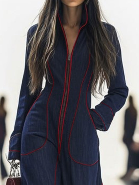 Denim Jumpsuit with Stand Collar