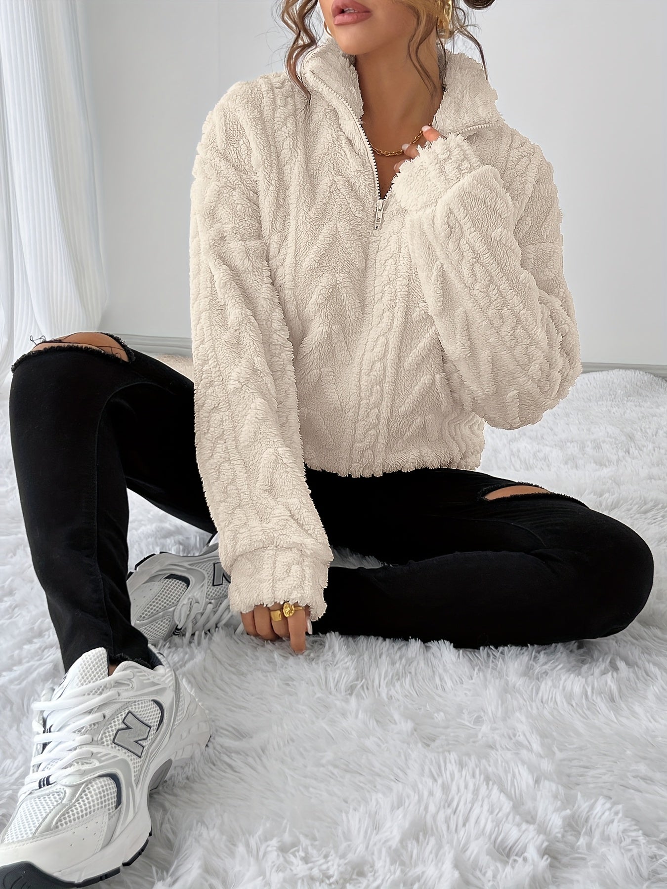 Cream cozy textured pullover