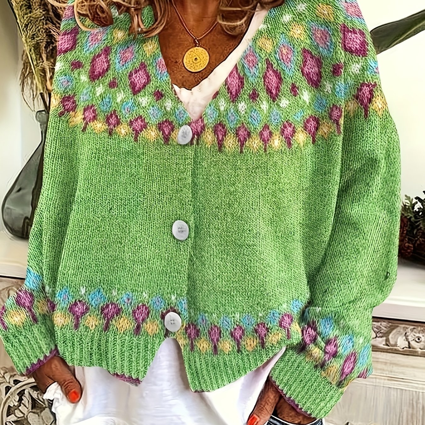 Green Nordic patterned cardigan