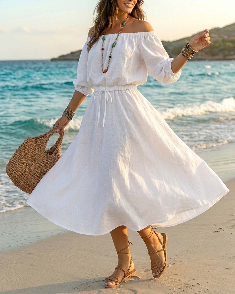 Off-shoulder lace-up waist midi dress in white, front view