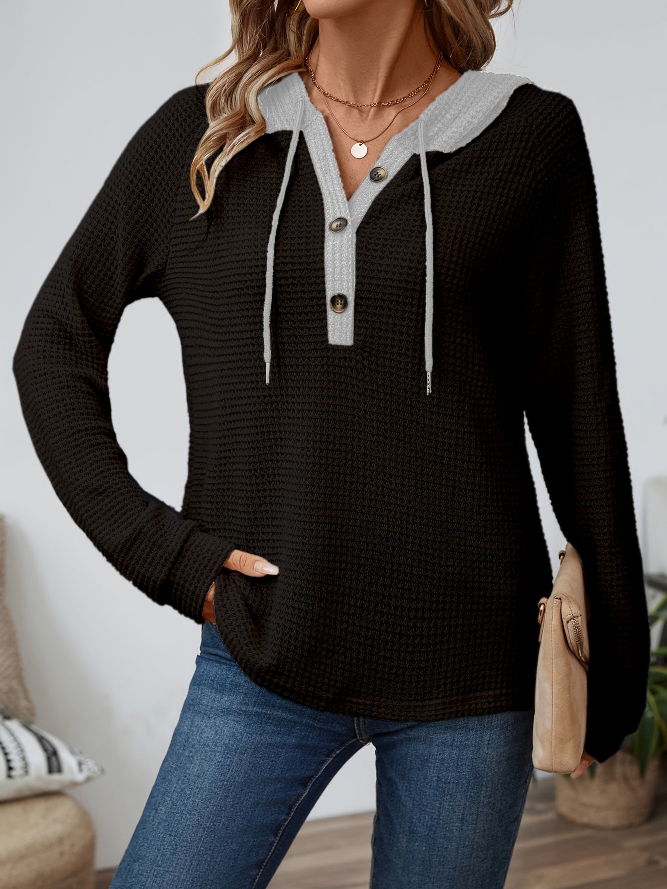 Beige relaxed waffle-texture hooded top