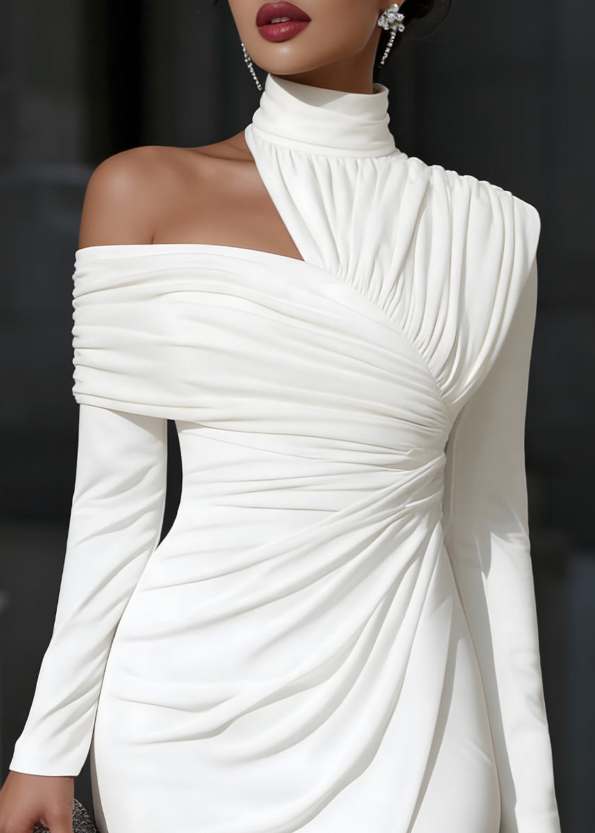One-Shoulder Long Sleeve Ruched Wedding Guest Midi Dress
